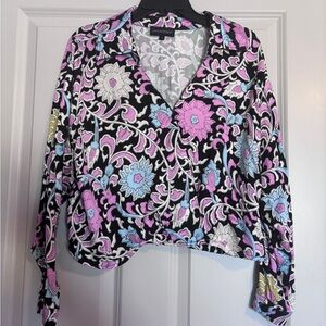 Cynthia Rowley Black Floral Blouse with Pink and Blue Accents